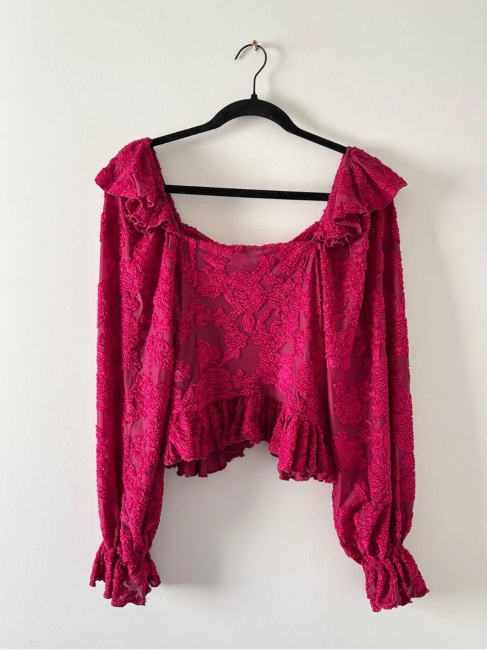 Anthropologie Velvet Burnout Peasant Top Long Sleeve Cropped Ruffle Trim Pink
